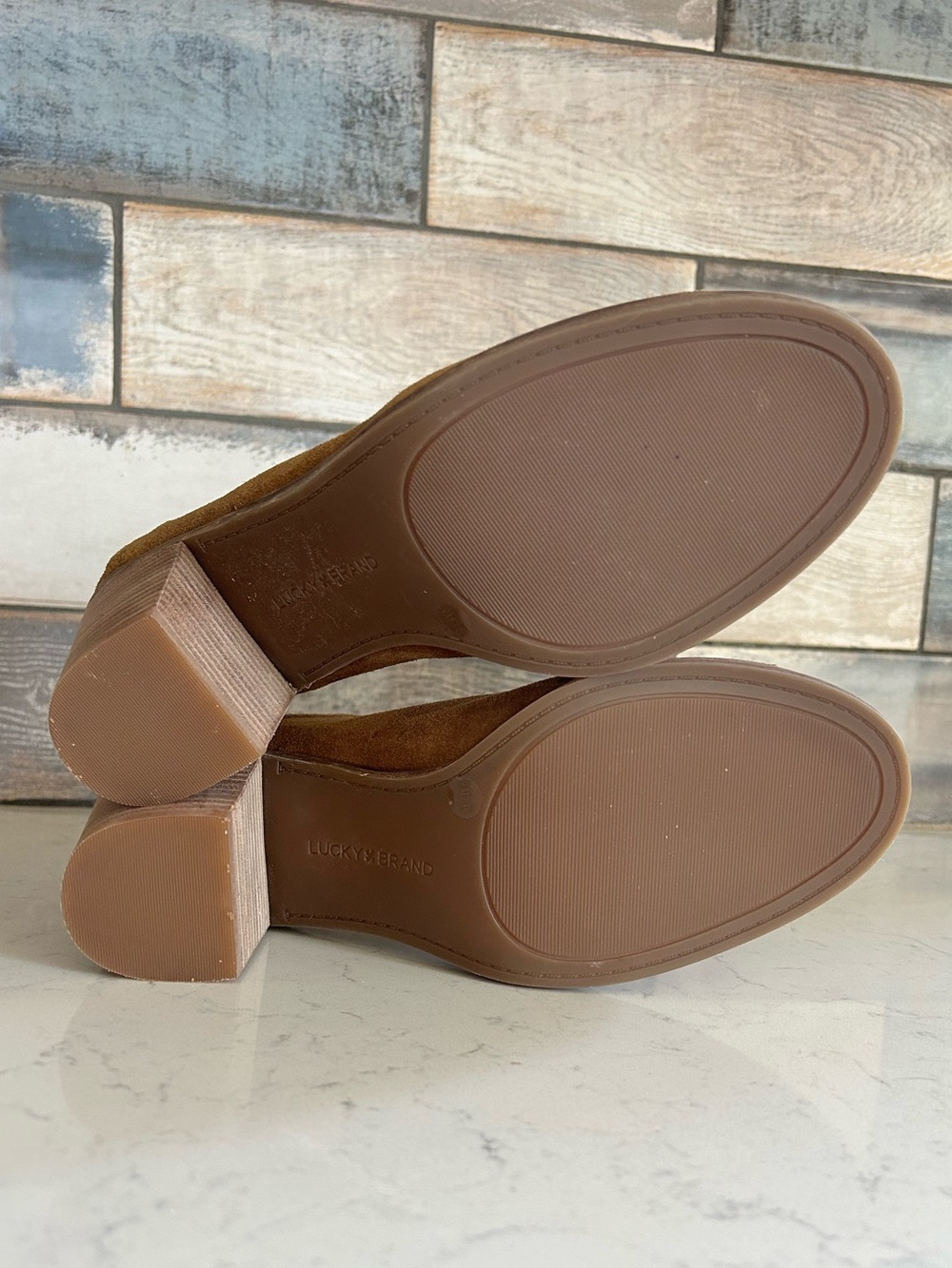 🍀Lucky Brand Kalli Tan Oiled Suede Open-Toe Block Heel Mule Ankle Booties - Picture 10 of 11